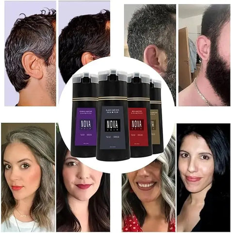 Nova Hair Instant Dye Hair Shampoo for Men and Women-Full Grey Head & Beard Hair coverage- English-2025