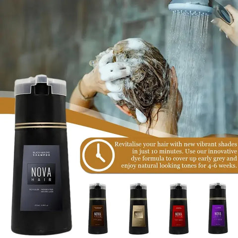Nova Hair Instant Dye Hair Shampoo for Men and Women-Full Grey Head & Beard Hair coverage- English-2025